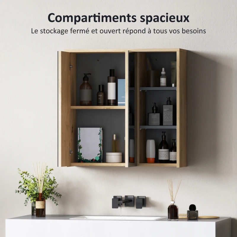 HOMCOM Armoire de salle de bain avec miroir armoire de toilette miroir mural 3 étagères ouverts 60 x 20 x 60 cm bois naturel