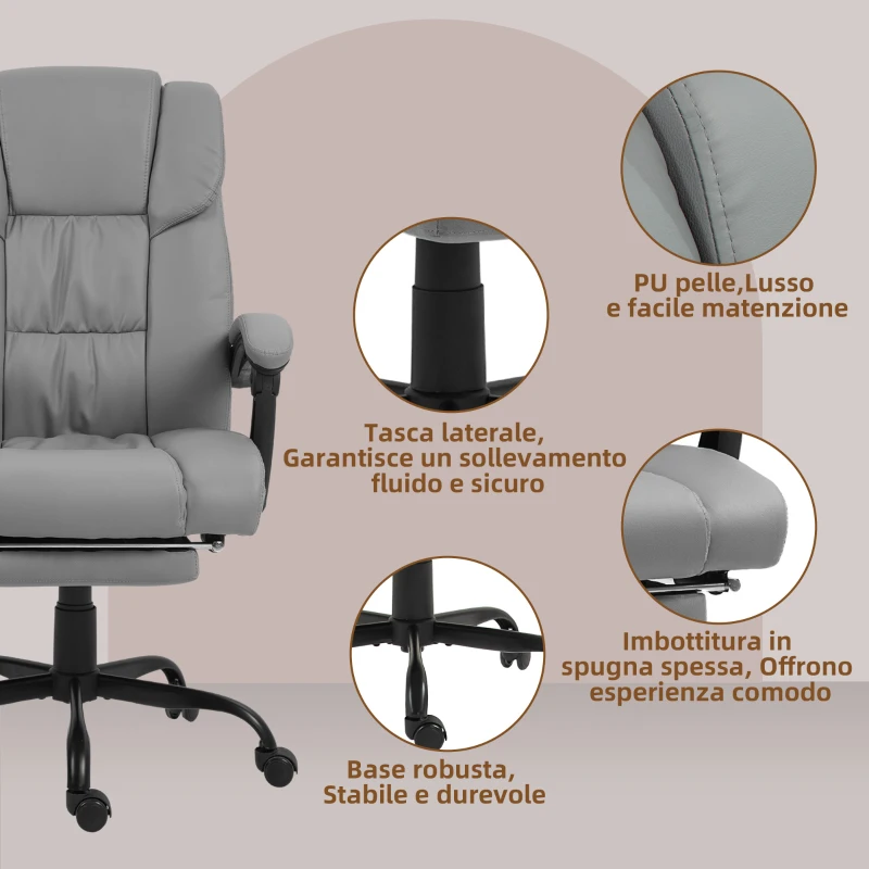 Vinsetto Poltrona Massaggiante e Reclinabile con Poggiapiedi, in Finta Pelle e Acciaio, 66x75x112-122 cm, Grigio