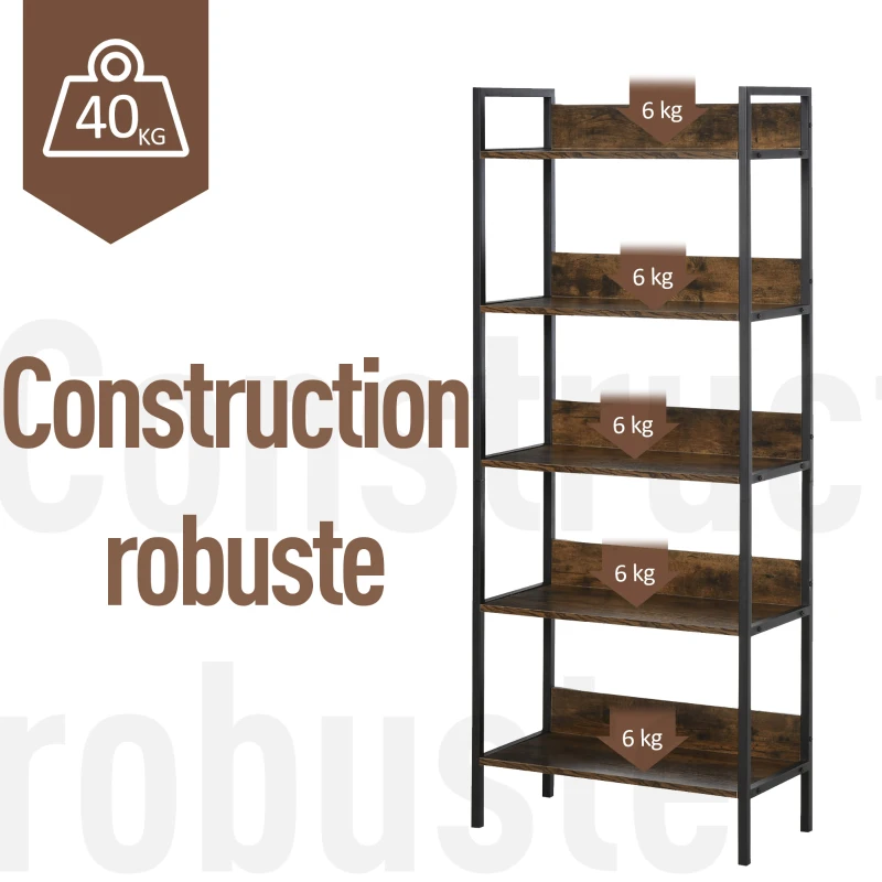 HOMCOM Étagère bibliothèque Design Contemporain 5 Niveaux dim. 64L x 30l x 158H cm Panneaux Particules Aspect Vieux Bois métal Noir