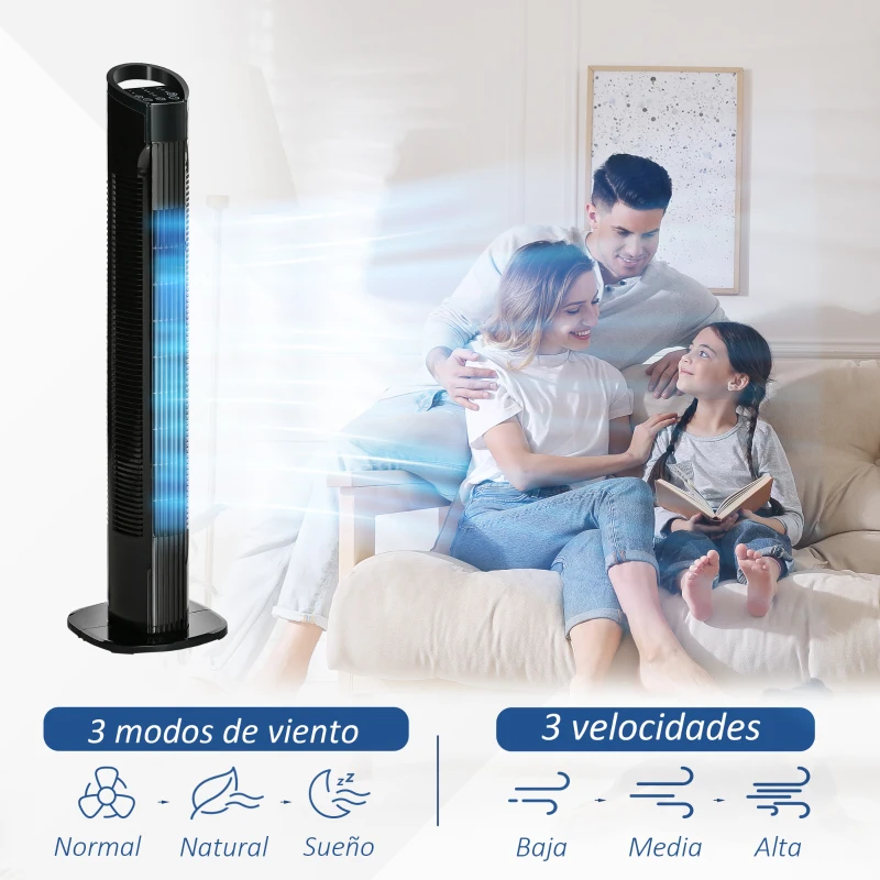 HOMCOM Ventilador de Torre 50W con Mando a Distancia 3 Velocidades Pantalla Temporizador y Oscilante 70° Ø20x78,5 cm Negro