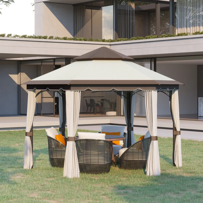 Outsunny 4 x 3.4m Hexagonal Metal Gazebo Garden Pavilion Outdoor Marquee Canopy Wedding Party Tent Shelter w/ Sidewall Panels