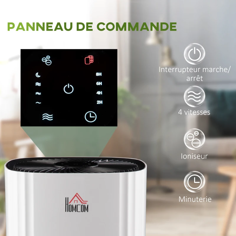 HOMCOM Purificateur d'air HEPA, Ioniseur, CADR 225m³/h mode veille silencieux, minuterie, 4 vitesses, 25W blanc