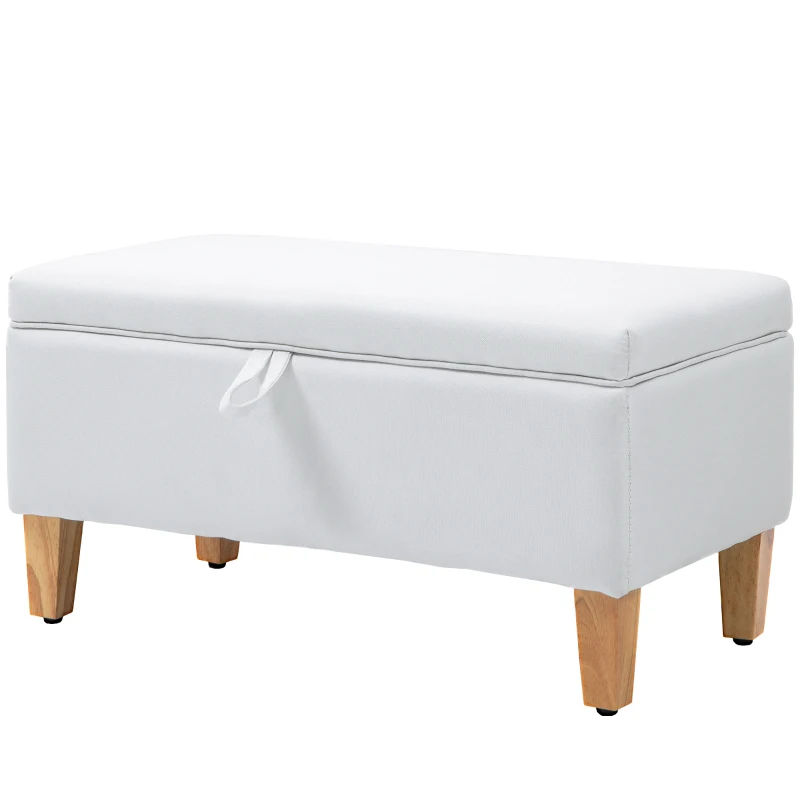 HOMCOM 30L Linen Storage Ottoman Padded Footstool with Rubberwood Legs for Storage Box, Bed End, Shoe Bench, Seating, Cream White
