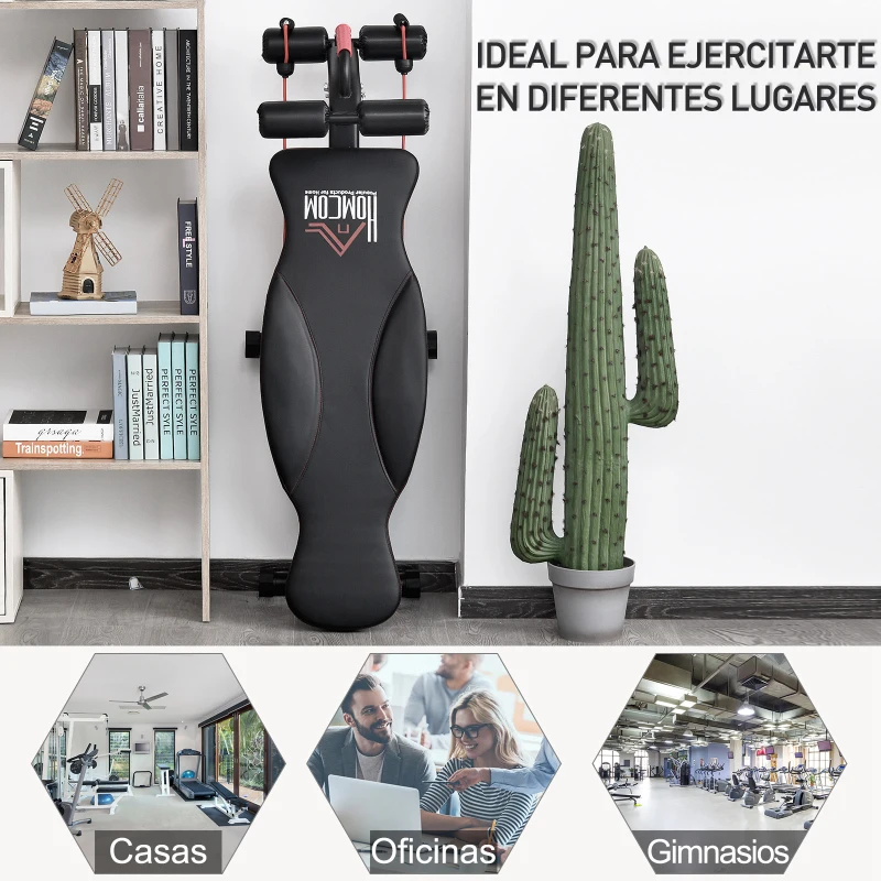 HOMCOM Banco de Abdominales Plegable Regulable en Altura y Ángulo Ajustable con Cintas Elásticas 44,5x143x84-92 cm Negro
