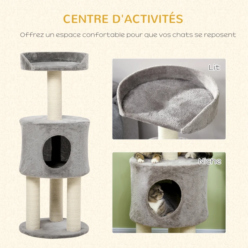 PawHut Arbre à chat griffoirs grattoirs sisal naturel arbre à grimper niche plate-forme en peluche hauteur 103 cm gris