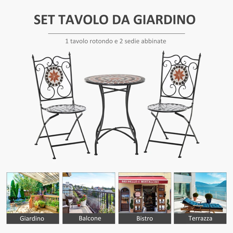 Outsunny Mobili da Giardino Set da 3 Pezzi con 2 Sedie Pieghevoli e 1 Tavolino, in Metallo e Ceramica