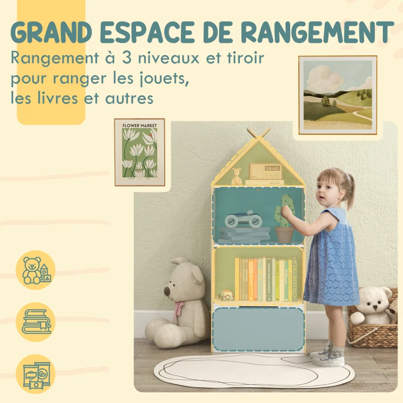 AIYAPLAY Bibliothèque enfant 3 étagères 1 tiroir style scandinave meuble de rangement forme de maison 50l x 30P x 119,5H cm, vert
