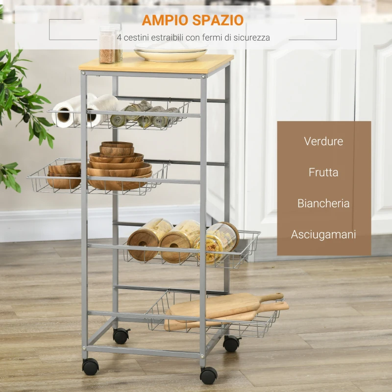 HOMCOM Carrello da Cucina Salvaspazio con 4 Cesti Estraibili in Legno e Acciaio, 36.5x36.5x89 cm, Argento e color Legno