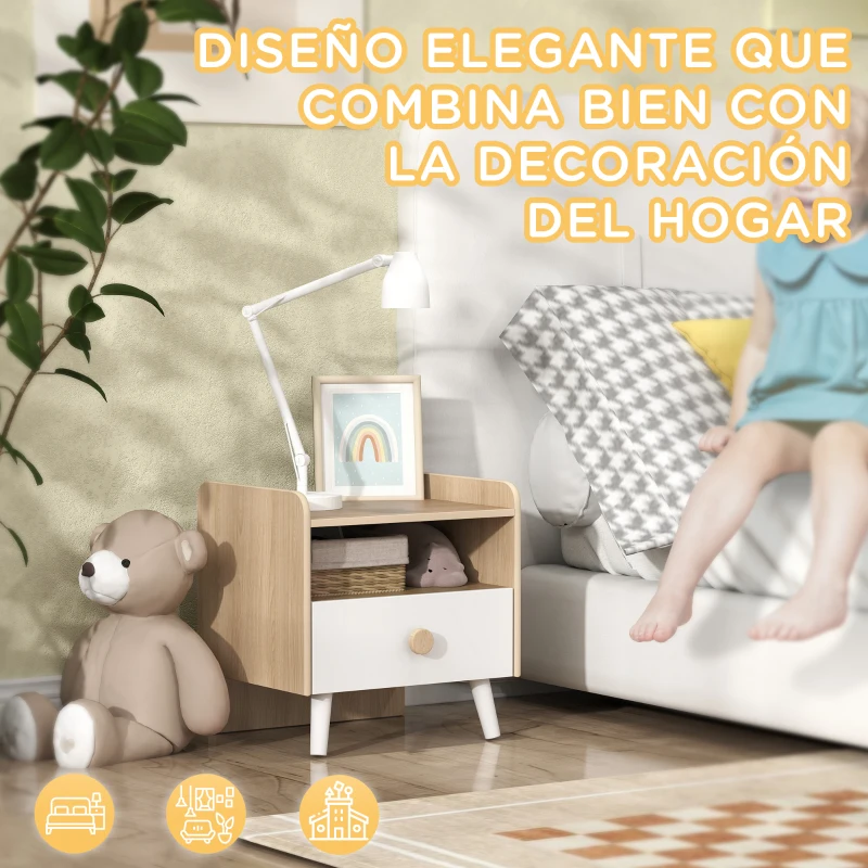 AIYAPLAY Mesita de Noche para Niños de +3 Años con Cajón y Bordes Redondeados para Dormitorio Roble y Blanco