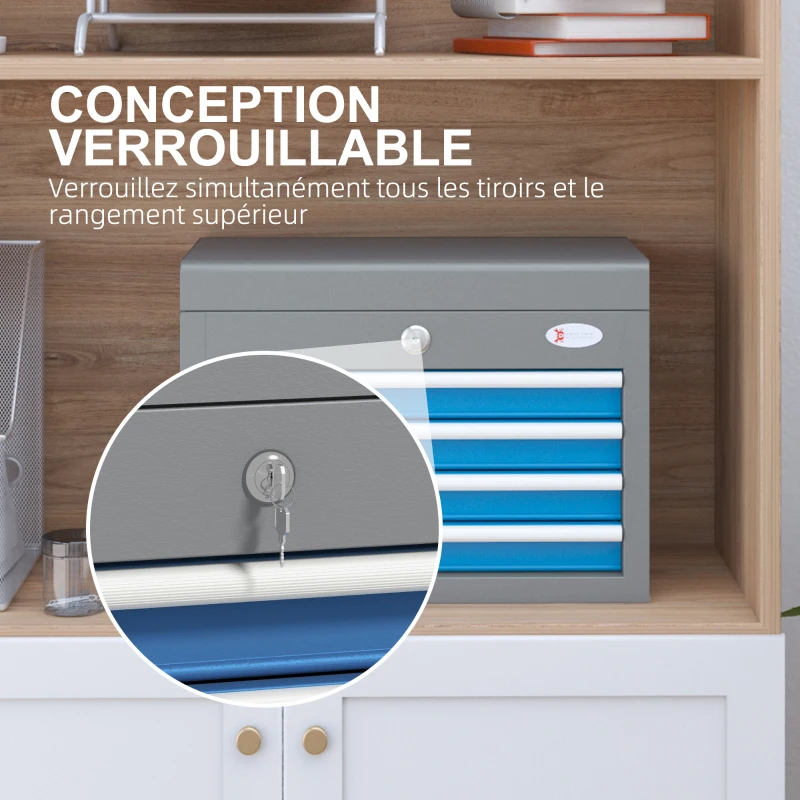 DURHAND Caisse boite à outils en métal avec 4 tiroirs et 1 plateau supérieur, verrouillable avec 2 clés fournies, 2 poignées