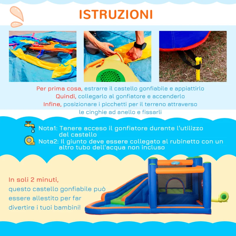 Outsunny Castello Gonfiabile per Bambini 3-8 Anni con Scivolo, Trampolino e Piscina, 380x340x170cm