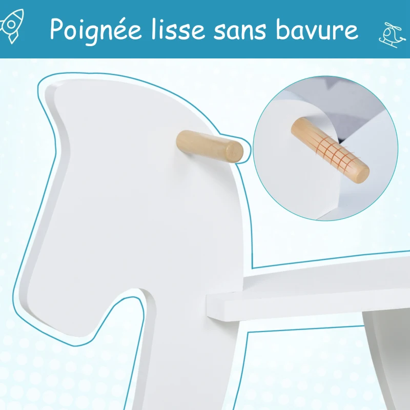 HOMCOM Cheval à Bascule en Bois - Jeu à Bascule Avec Poignées, Repose-Pied et Butées - MDF Contreplaqué Blanc et Bois Naturel