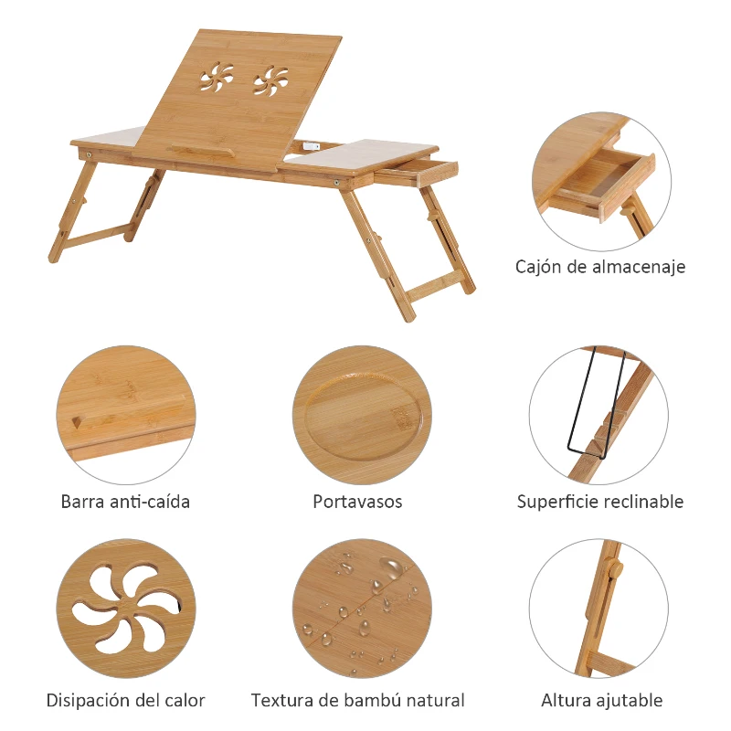 HOMCOM Mesa de Ordenador Portátil Bambú Bandeja de Cama Desayuno Plegable Reclinable Altura Ajustable Soporte Escritorio de regazo 1 Cajón 72x35x22-30cm