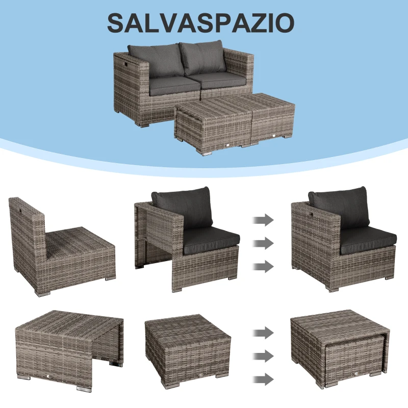 Outsunny Salotto da Esterno in Rattan PE da 8 Pezzi, Set Mobili da Giardino Salvaspazio con Poltrone, Tavolini e Sgabelli, Grigio