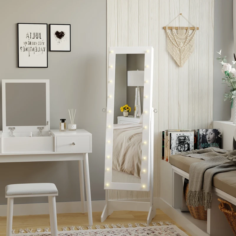HOMCOM Armoire à Bijoux Armoire de Rangement sur Pied avec Miroir et Serrure Éclarage LED MDF 40 x 37 x 146 cm Blanc