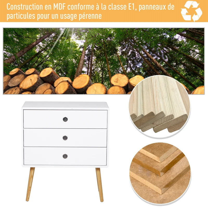 HOMCOM Commode meuble de rangement 3 tiroirs dim. 73L x 40l x 82H cm MDF blanc bois massif pin