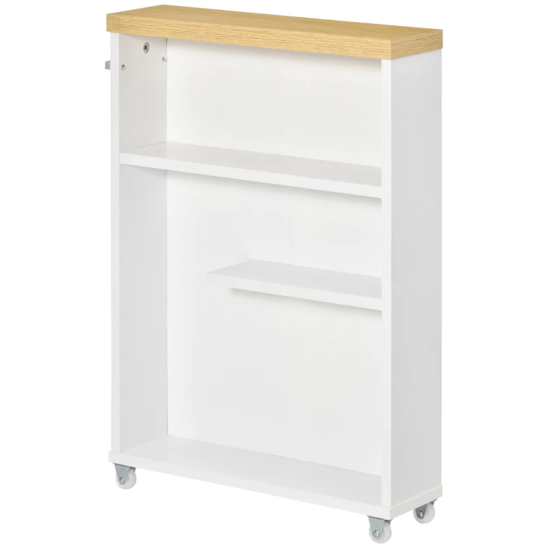 kleankin Carrello Portaoggetti per il Bagno Stretto 13cm, Cassettiera con Mensole e 4 Ruote in Legno Bianco 50x13x67.5cm