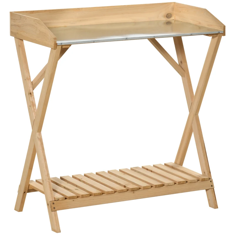 Outsunny Tavolo da Giardinaggio in Legno con Piano in Metallo Antiruggine e Ripiano Portaoggetti, 80x40x84cm