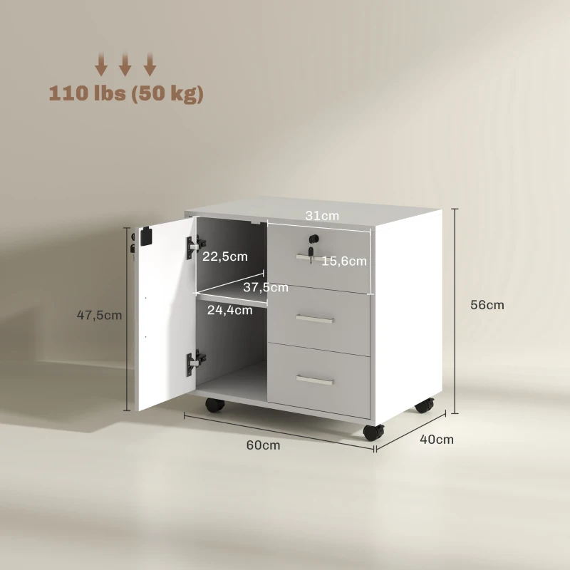 HOMCOM Caisson bureau meuble de rangement verrouillable avec 3 tiroirs et étagère réglable, roulettes, 40 x 60 x 56 cm, blanc