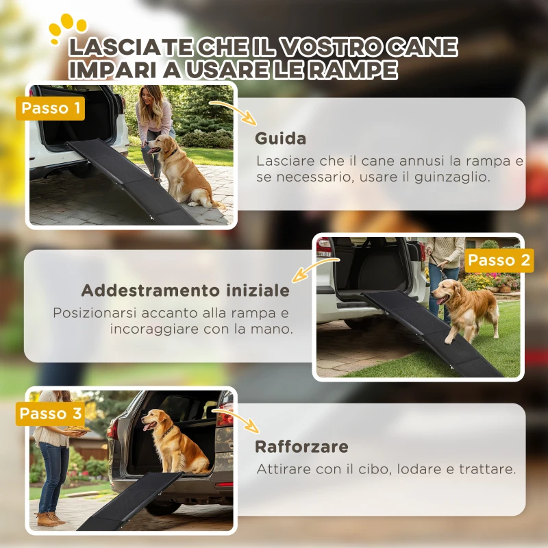 PawHut Rampa per Cani Pieghevole con Superficie Antiscivolo in MDF e Alluminio, 158x43.5x2.5 cm, Nero