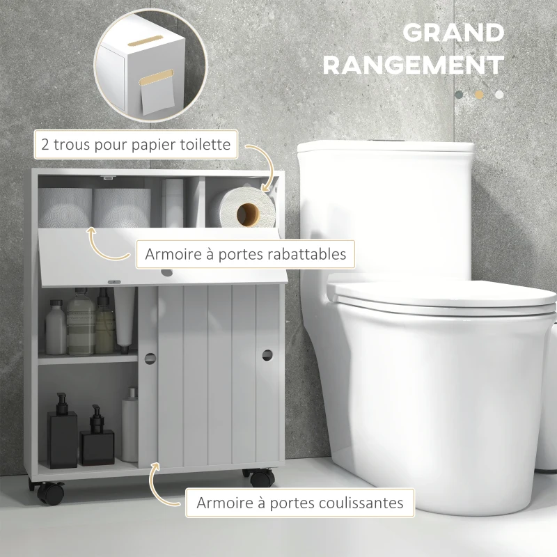 kleankin Meuble de rangement toilette salle de bain avec rangement papier toilette sur roulettes - 52 x 17 x 67 cm blanc(m-4)