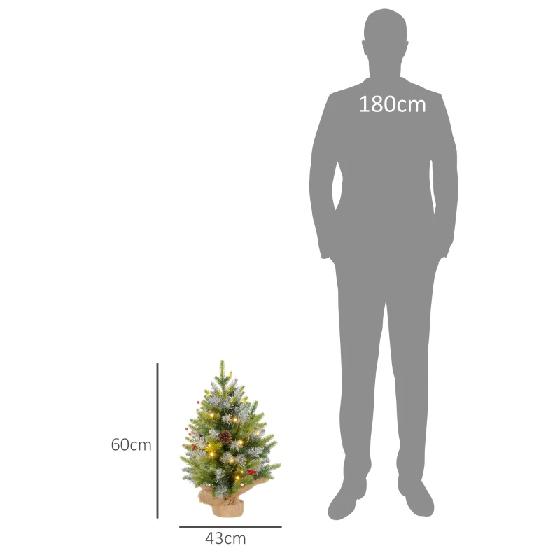 HOMCOM Árbol de Navidad Sobremesa 60 cm con 20 Luces LED 141 Ramas 5 Piñas 5 Racimos de Bayas Rojas y Soporte de Metal Verde