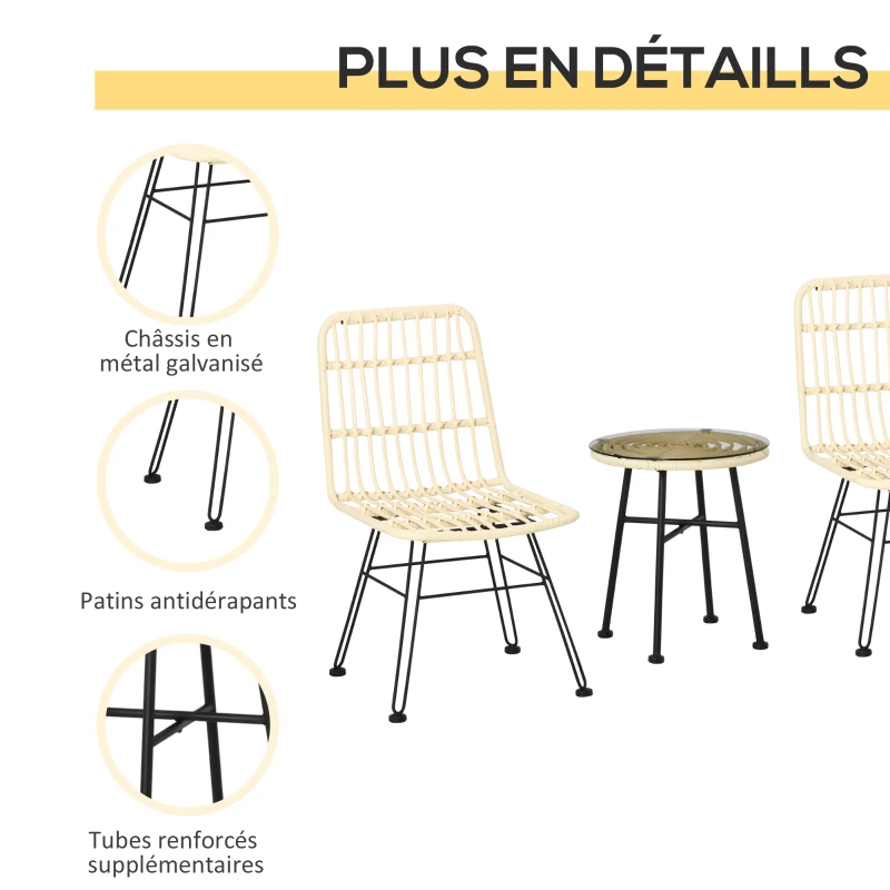 Outsunny Ensemble bistro de jardin 3 pièces 2 chaises + table basse ronde verre trempé 2 coussins zippés déhoussables polyester résine tressée PE métal galvanisé Ø 45 x 50 cm crème