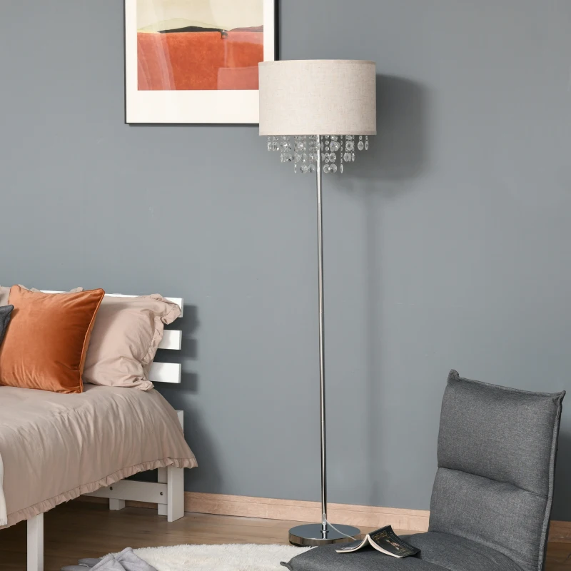 HOMCOM Modern Steel Floor Lamp with Crystal Pendant Fabric Lampshade Floor Switch, Home Style Standing Light for Living Room, Entrance, Office, 164CM, Silver and Cream White