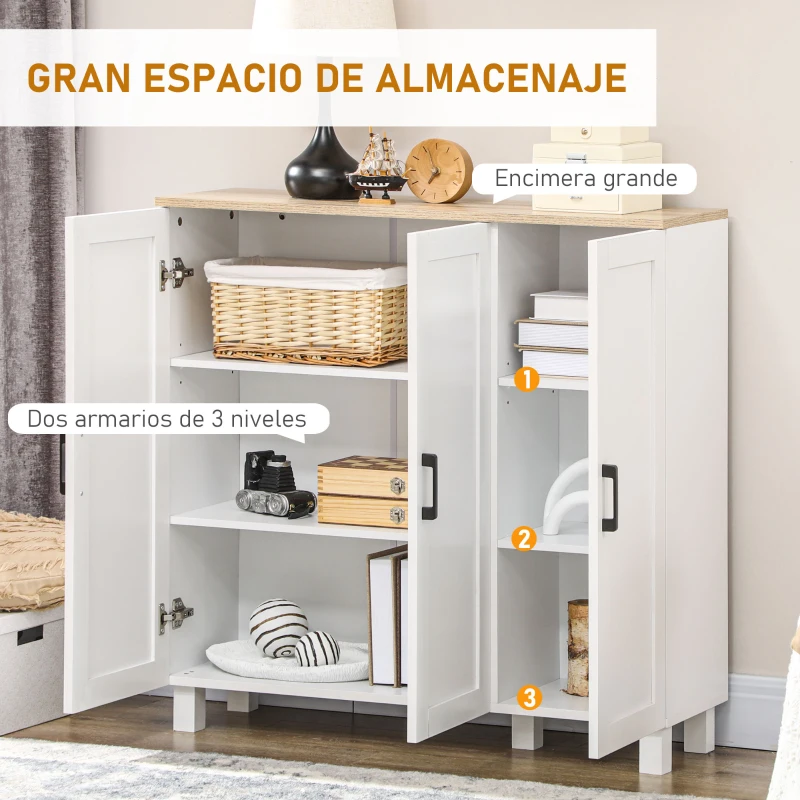 HOMCOM Aparador de Salón Mueble Buffet con 3 Puertas y Estantes Ajustables para Cocina Comedor Estilo Nórdico 90x30x90 cm Blanco(m-4)