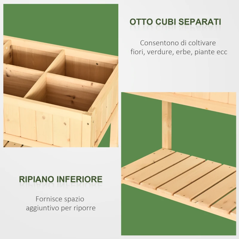 Outsunny Letto per Orto Rialzato in Legno Orto Pensile Urbano con 8 Griglie e Ripiano Inferiore per Piante da Giardino 120x60x81cm
