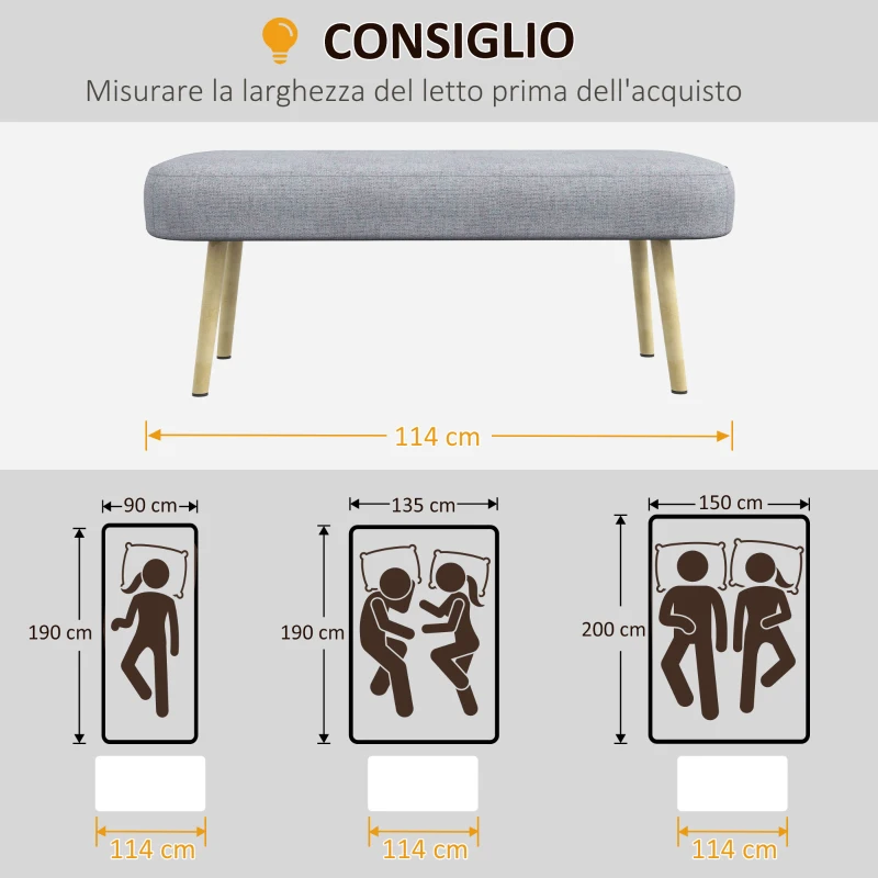 HOMCOM Panca Imbottita Fondo Letto in Tessuto con Gambe in Acciaio Effetto Legno, 114x38x45cm, Grigio