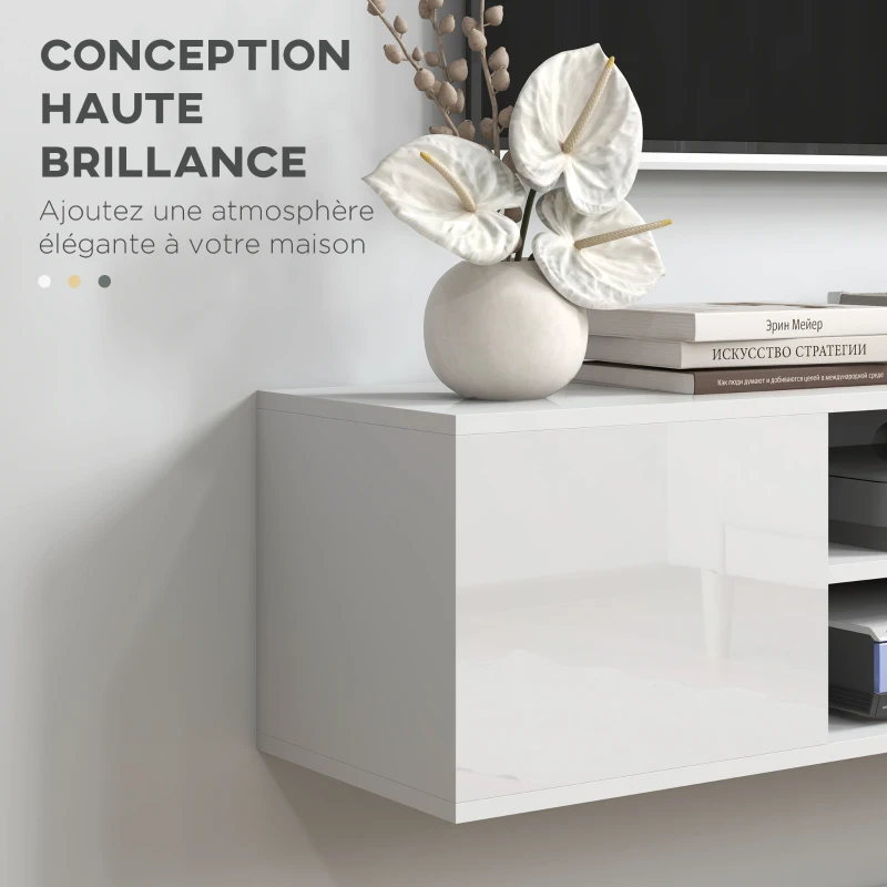 HOMCOM Meuble banc TV mural suspendu style contemporain 2 placards 2 niches centrales et 2 passe-câbles 140 x 30 x 30 cm blanc