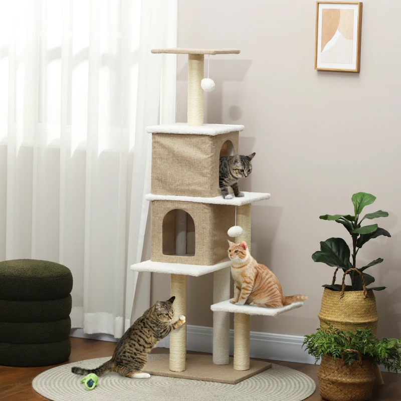 PawHut Árbol Rascador para Gatos de Borreguito de 140 cm con 2 Cuevas Plataformas Bolas Colgantes y Poste de Sisal Marrón Claro