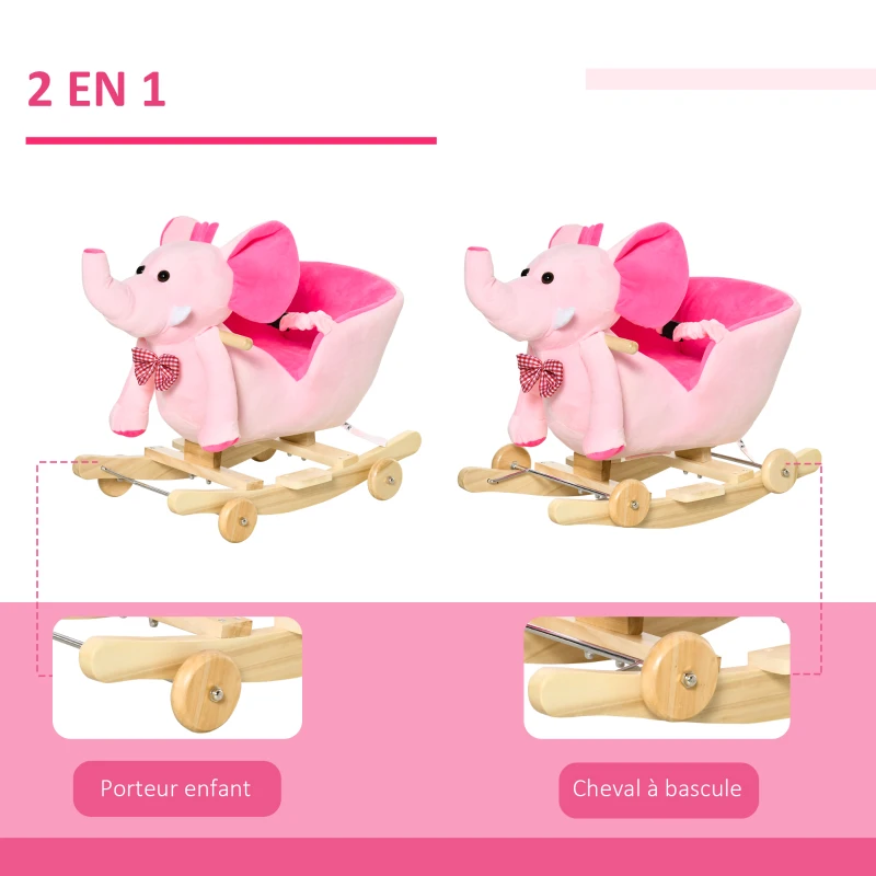HOMCOM Cheval à Bascule Jouet à Bascule éléphant et Porteur sur roulettes 2 en 1 Fonction Musicale 32 Pistes Ceinture sécurité Rose