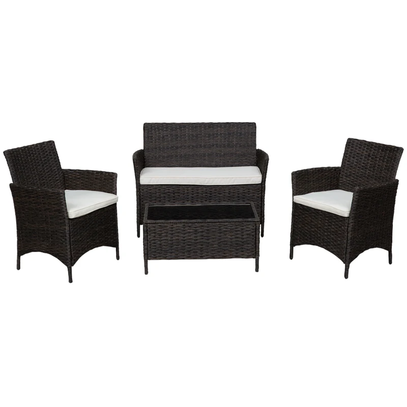 Outsunny Salottino da giardino esterno Set 4 Pzi:1 Divano/2 Poltrone/1 Tavolino, Set da Giardino in Rattan,  Caffè Scuro e Bianco