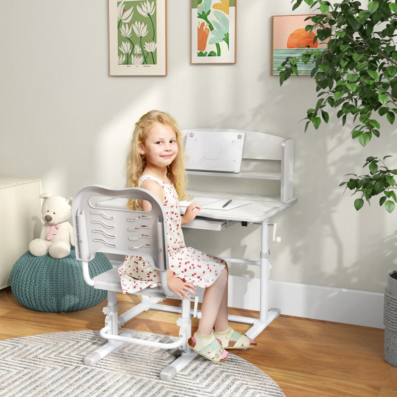 ZONEKIZ Set Scrivania per Bambini con Sedia Regolabile in Altezza e Piano Inclinabile, Età 6-12 Anni, Grigio