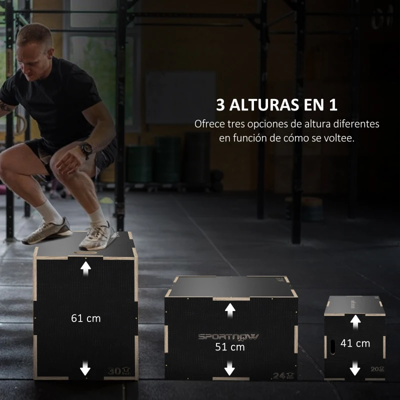 SPORTNOW Cajón de Salto Pliométrico de Madera con Mangos Huecos Carga 120 kg para Casa Oficina Gimnasia 61x51x41 cm Negro
