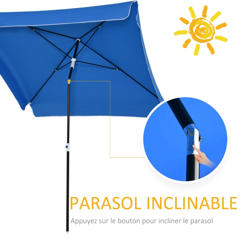 Outsunny Parasol de jardin Parasol droit inclinable rectangulaire métal polyester haute densité 2L x 2l x 2,6H m bleu