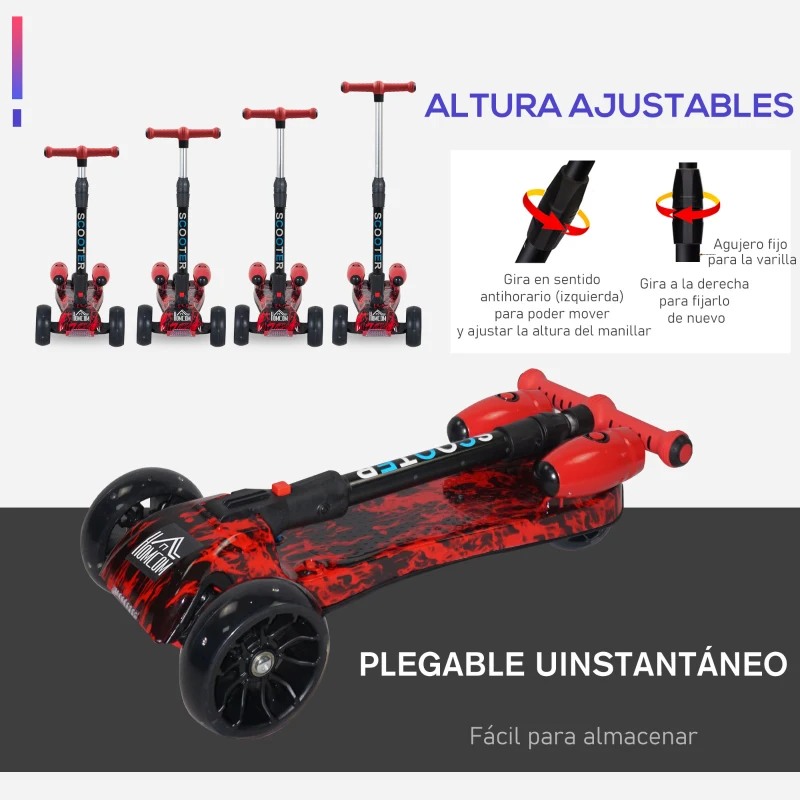 HOMCOM Patinete para Niños Scooter Plegable con Altura Ajustable de 4 Niveles y Música Luces y Nebulizador de Agua +3 Años 62x27x63-81 cm Rojo