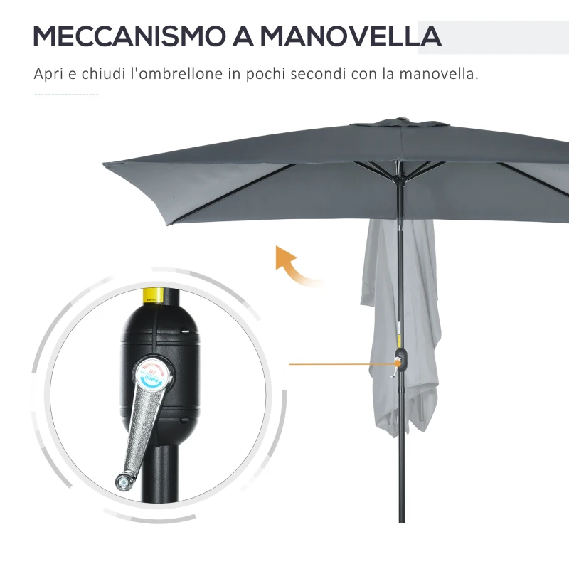 Outsunny Ombrellone Rettangolare 2x3 m Pieghevole e Regolabile con Manovella, in Alluminio e Poliestere, Grigio Scuro