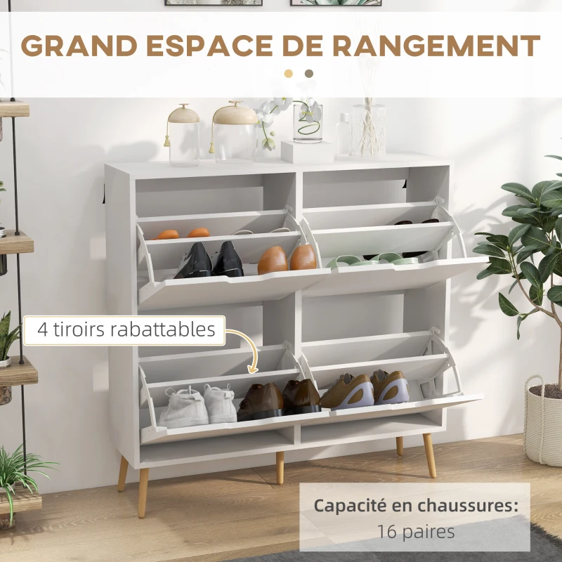 HOMCOM Meuble à chaussures 4 abattants 16 paires avec étagère réglable pieds en bois de pin 95 x 26 x 95 cm blanc