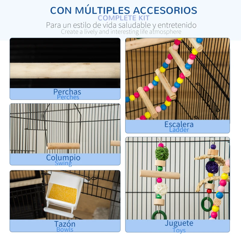 PawHut Jaula para Pájaros Pajarera con Múltiples Puertas 4 Comederos 3 Perchas Columpio Escaleras y Bandeja Extraíble para Loros Canarios Periquitos 46x36x100 cm Negro