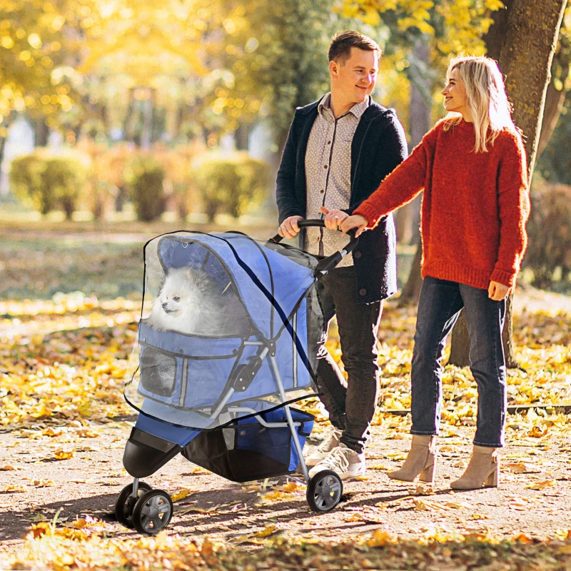 PawHut Dog Stroller with Cover for Small Miniature Dogs, Folding Cat Pram Dog Pushchair with Cup Holder, Storage Basket, Reflective Strips, Blue