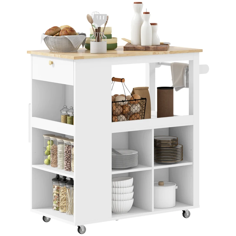 HOMCOM Carrello Isola da Cucina con Ripiani Regolabili, Portacoltelli e Piano in Legno, 86.5x47x88 cm, Bianco