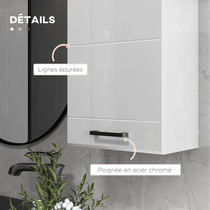 kleankin Armoire murale de salle de bain 1 porte avec étagère réglable en hauteur 3 niveaux 37 x 22,5 x 70 cm blanc haut brillant