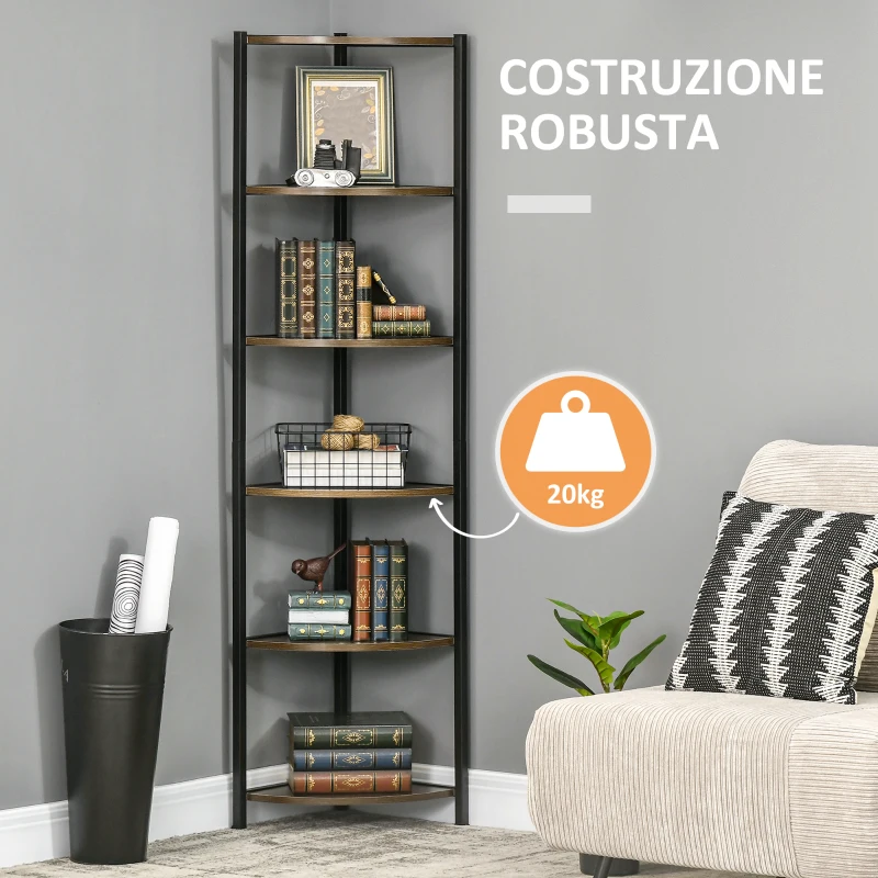 HOMCOM Libreria Moderna Angolare a 6 Ripiani in Metallo e MDF, 34x34x166cm, Marrone e Nero