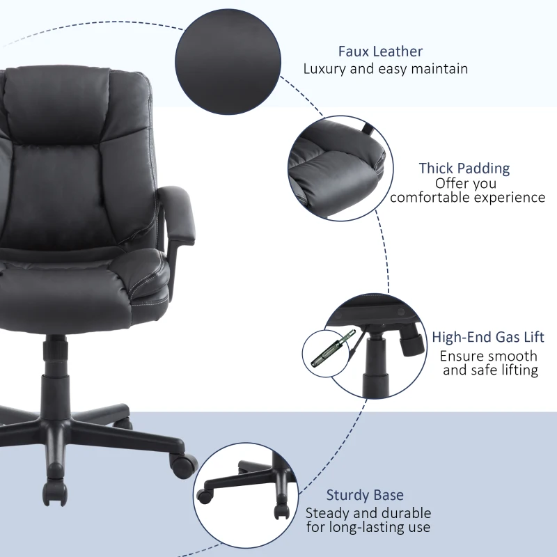 HOMCOM Desk Chair, PU Leather Office Chair with Adjustable Height and Swivel Wheels, for Home Work Study, Black