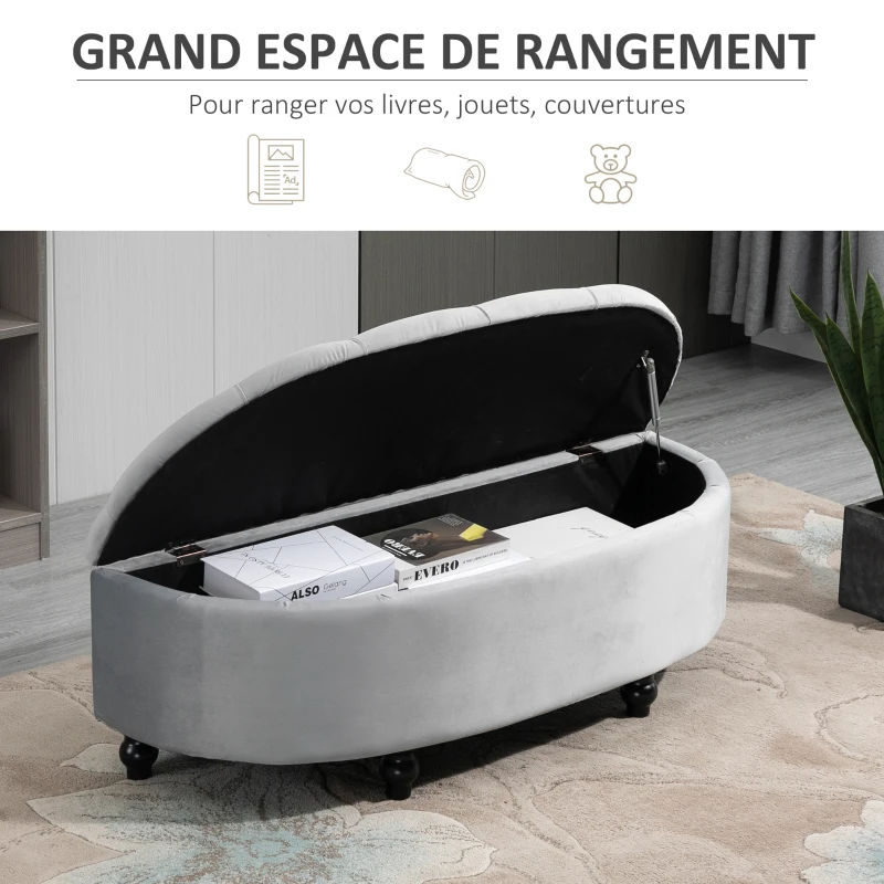 HOMCOM Banc de rangement, coffre de rangement design capitonné demi-cercle bout de lit avec revêtement velours, pieds en bois d'hévéa, pour salon, chambre, entrée, 120 x 46 x 42 cm, gris
