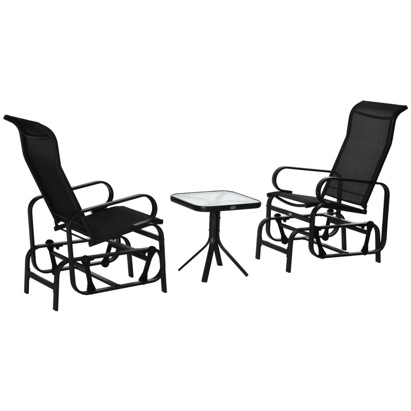 Outsunny 3 Pieces Garden Gliding Chair Set, Metal Frame 2 Single Armchair Swing Seater and 1 Glass Top Coffee Table w/ Breath Mesh Fabric Seat, Black