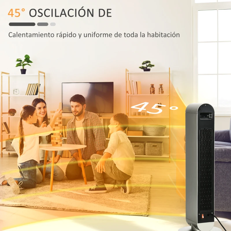 HOMCOM Calefactor Cerámico de Torre 1100/2200W con Mando Pantalla LED Temporizador y Oscilación Ø25x73,5 cm Plata